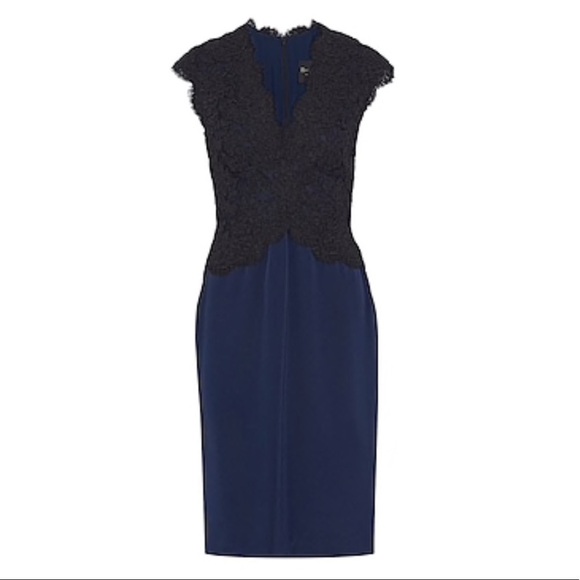 Reem Acra Navy Silk-faille & Black Lace Dress - Picture 7 of 16